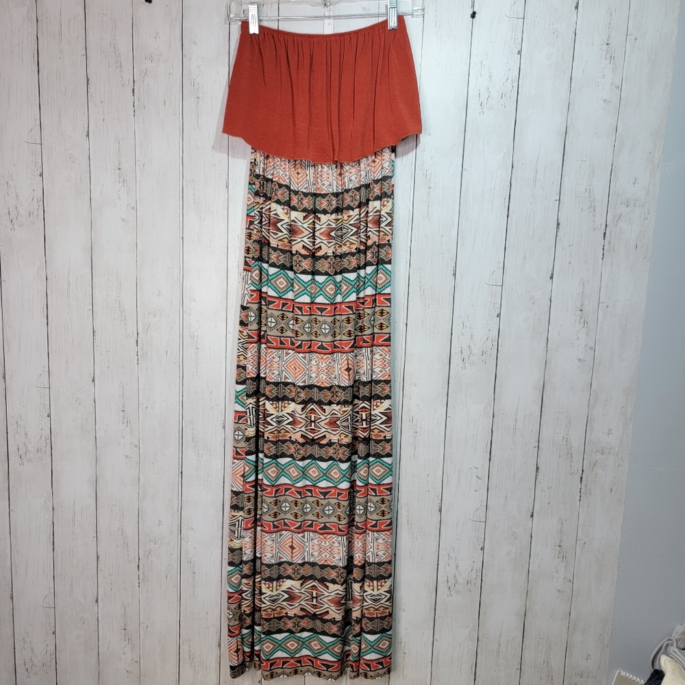 2B Together Women's Strapless Maxi Dress Multicolor Tribal Aztec Print Size S.